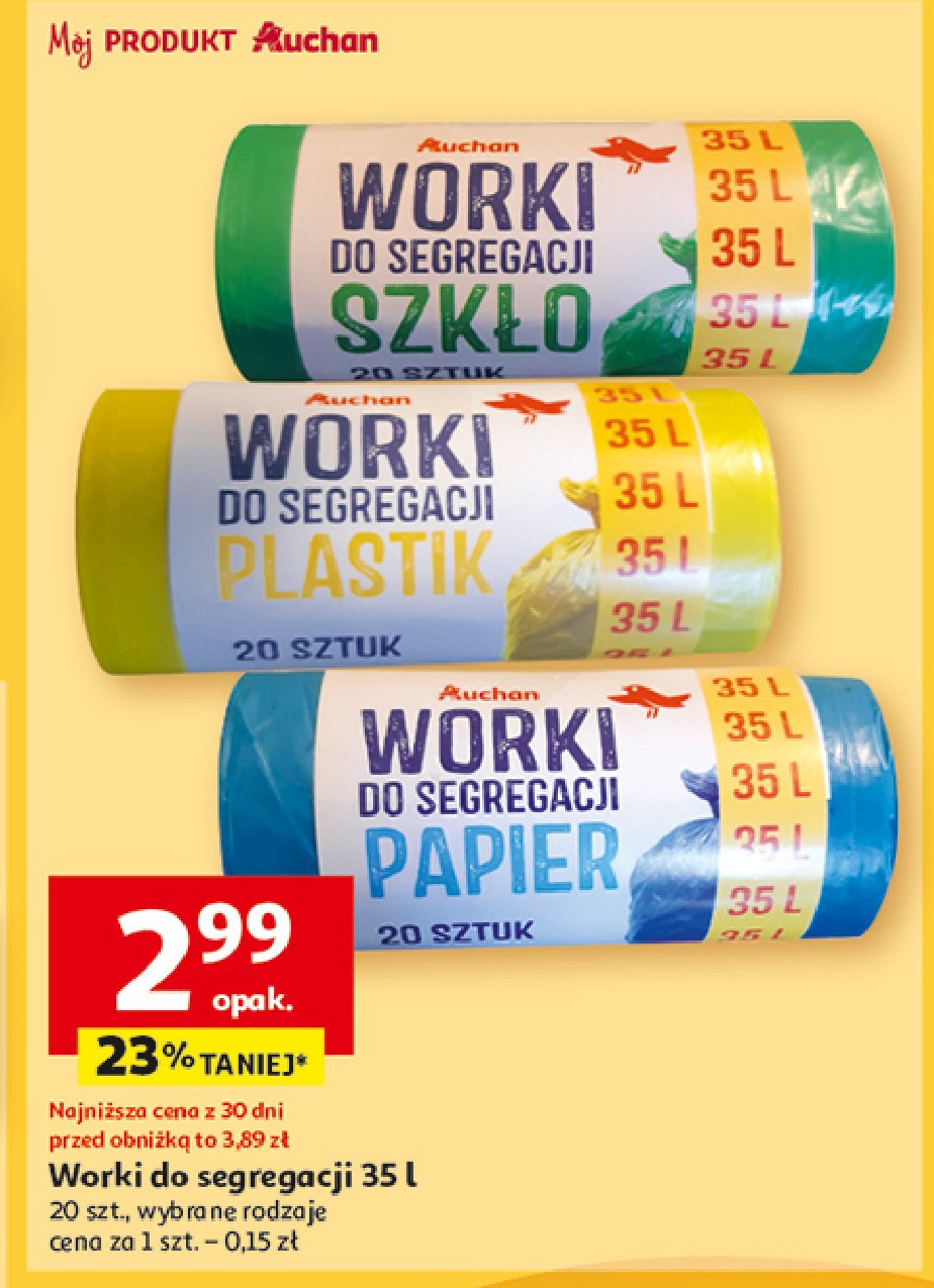 Worki do segregacji plastik 35 l Auchan różnorodne (logo czerwone) promocja