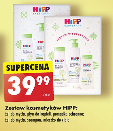 Zestaw w pudełku: żel do mycia 400 ml + płyn do kąpieli 350 ml + pomadka ochronna 4.8 g Hipp promocja w Biedronka