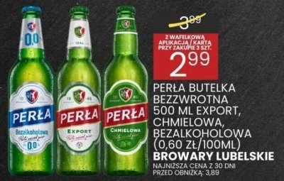 Piwo Perla Butelka Bezwrotna 500 ml Export, Chmielem, Bezalkoholowa (0,60 zł/100ml) Browary Lubelskie promocja w Wafelek