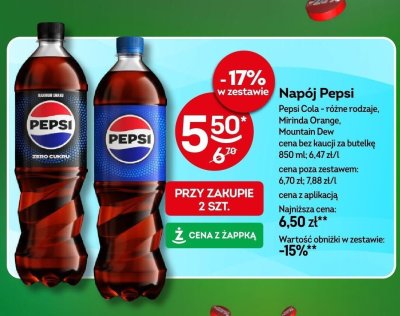 Napój Pepsi różne rodzaje (Pepsi Cola, Mirinda Orange, Mountain Dew) promocja w Żabka