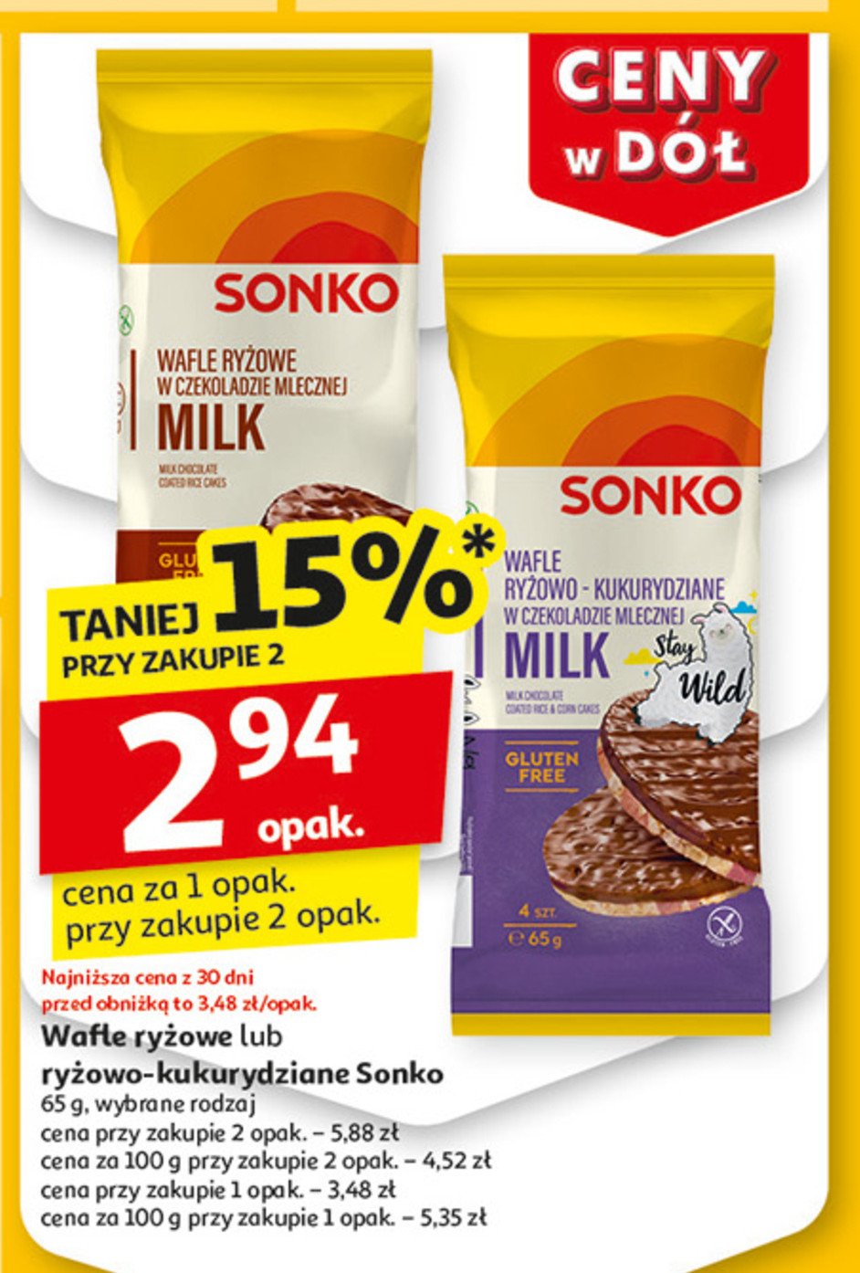 Wafle ryżowo-kukurydziane w czekoladzie mlecznej Sonko promocja w Auchan