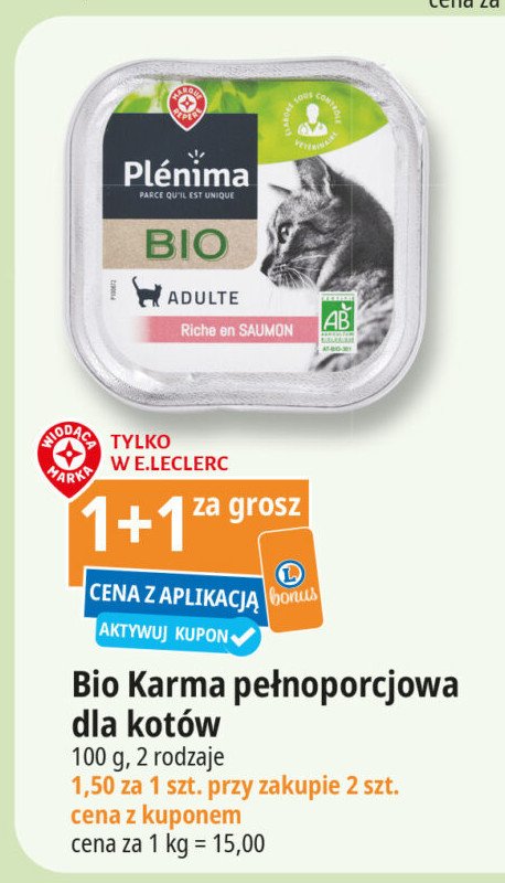 Karma dla kota bio łosoś WIODĄCA MARKA PLENIMA Wiodąca marka promocja w Leclerc