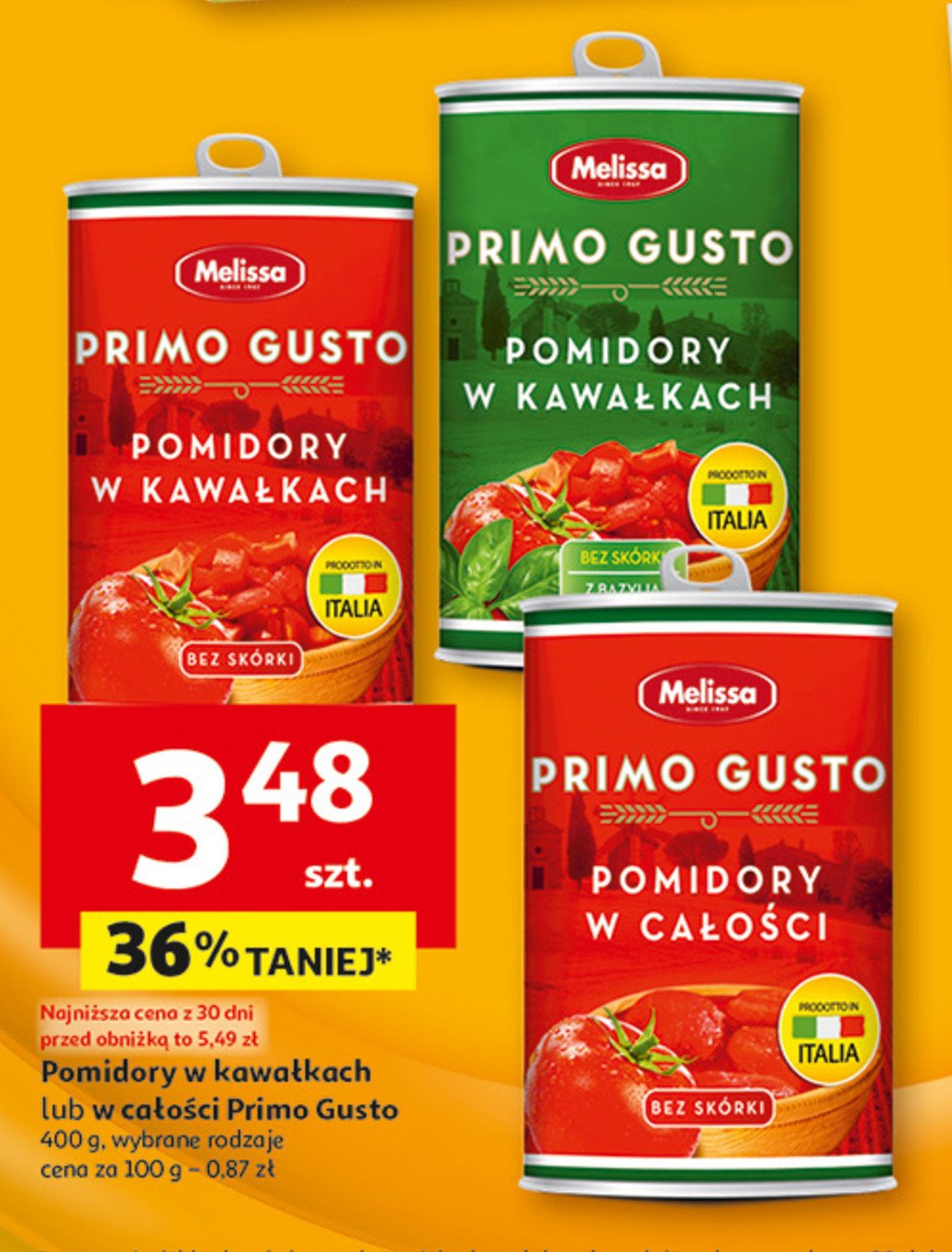 Pomidory w puszce w kawałkach z bazylią Melissa primo gusto promocja w Auchan