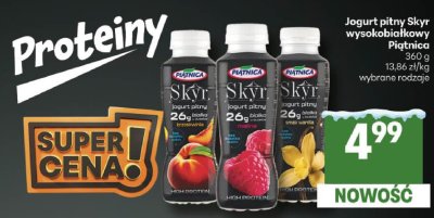 Jogurt pitny Skyr wysokobiałkowy Piątnica wybrane rodzaje promocja w Delikatesy Centrum