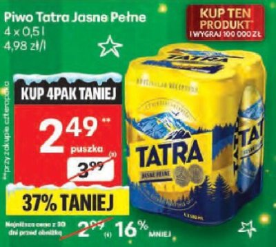Piwo Tatra Jasne Pełne 4 x 0,5 l promocja w Delikatesy Centrum