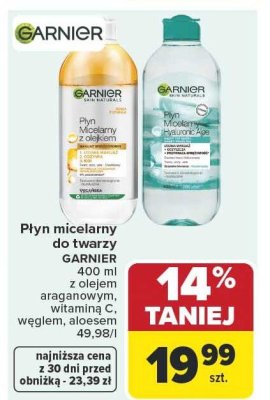 Płyn micelarny do twarzy GARNIER 400 ml z olejem arganowym, witaminą C, węglem, aloesem promocja w Carrefour