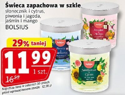 Świeca zapachowa w szkle słonecznik i cyrus, piwonia i jagoda, jaśmin i mango BOLSIUS promocja w Prim Market