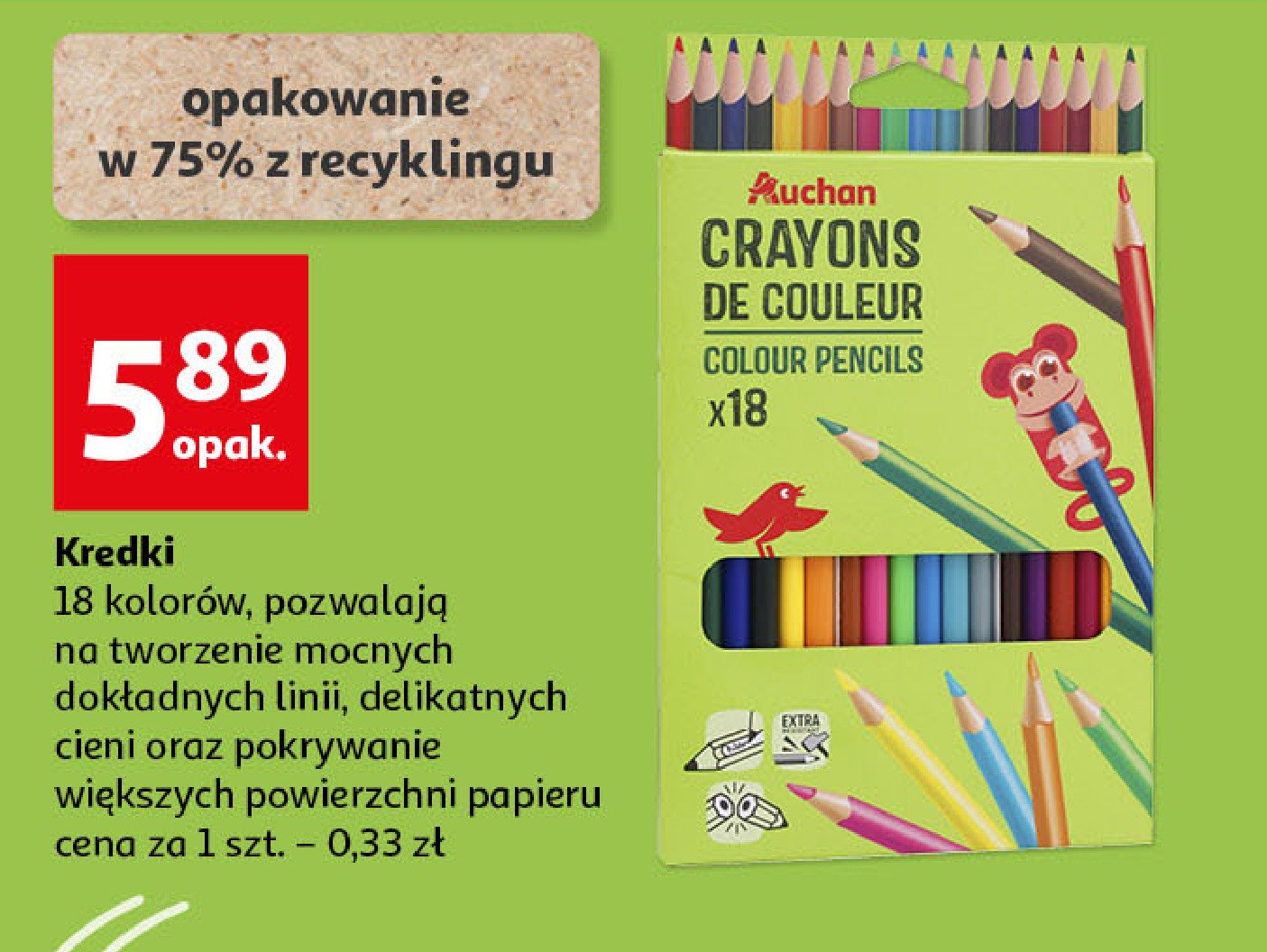 Kredki ołówkowe 18 kolorów Auchan promocja