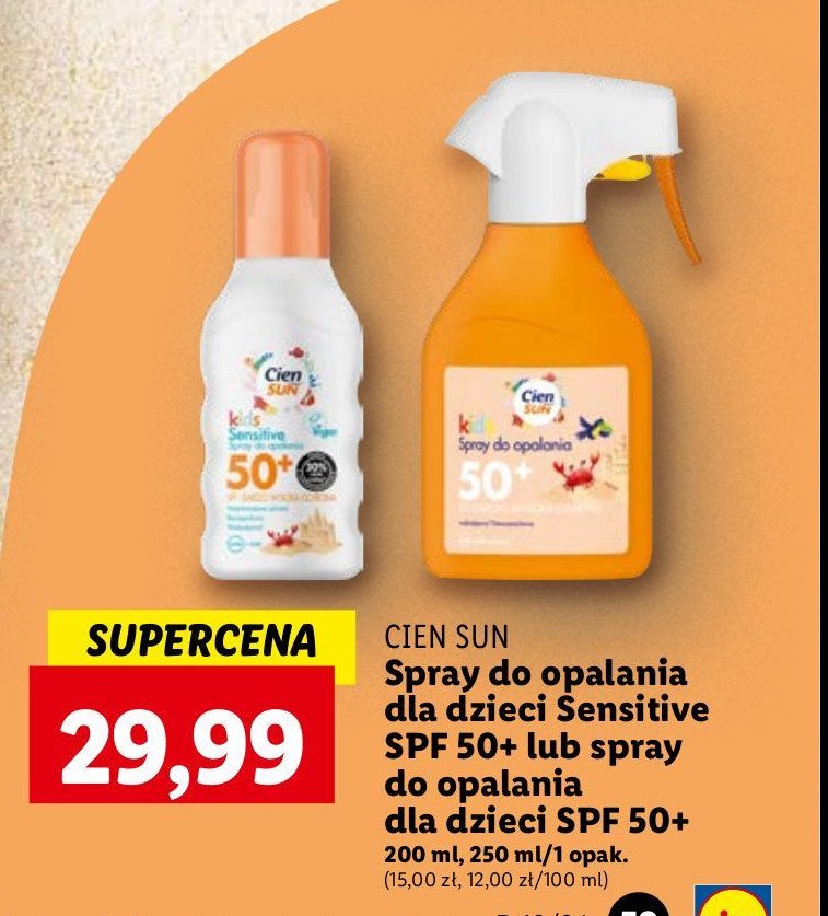 Spray do opalania dla dzieci spf 50 sensitive Cien sun promocja w Lidl