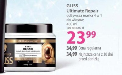 Maska GLISS Ultimate Repair regenerująca maska 4 w 1 do włosów 400 ml promocja w Hebe