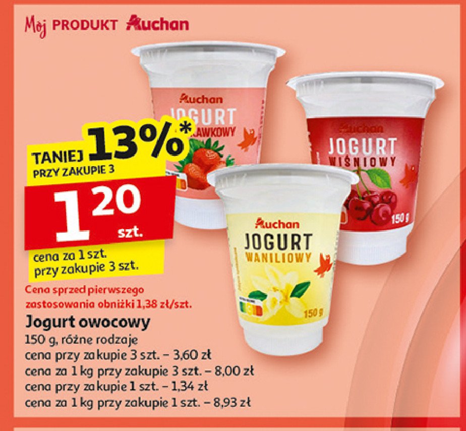 Jogurt truskawkowy Auchan różnorodne (logo czerwone) promocja w Auchan