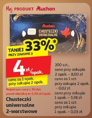 Chusteczki uniwersalne 2-warstwowe Auchan promocja w Auchan