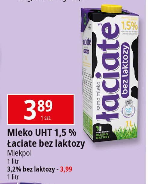 Mleko bez laktozy 3.2% Łaciate promocja w Leclerc