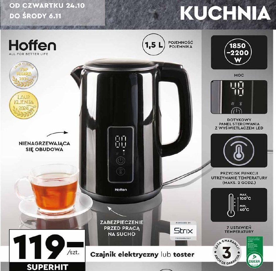 Czajnik elektryczny 1.5 l Hoffen promocja w Biedronka