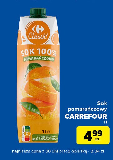 Sok pomarańczowy 100% Carrefour classic promocja