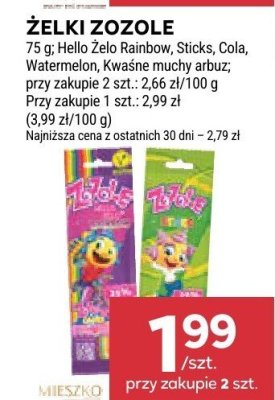 Żelki Zozole Hello, Żelo Rainbow, Sticks, Cola, Watermelon, Kwasne muchy arbuz promocja w Stokrotka
