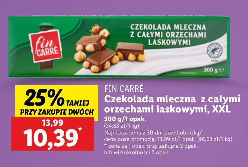 Czekolada mleczna z całymi orzechami laskowymi Fin carre promocja