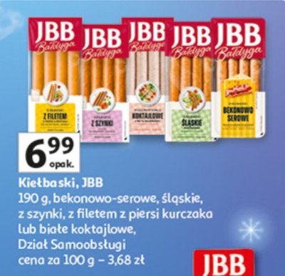 Kiełbaski JBB 150 g (bekonowo-serowe, śląskie, z szynki, z filetem z piersi kurczaka lub białe koktajlowe) promocja w Auchan