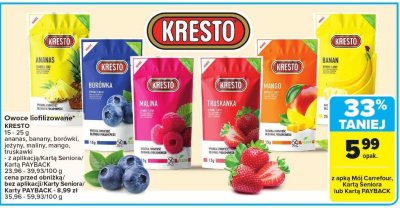 Owoce liofilizowane KRESTO 15-25 g ananas, banany, borówki, jeżyny, maliny, mango, truskawki promocja w Carrefour