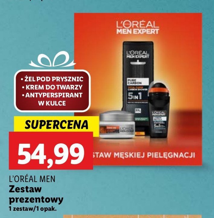 Zestaw w pudełku: żel pod prysznic 300 ml + dezodorant w kulce 50 ml + krem 50 ml L'oreal men expert zestaw promocja