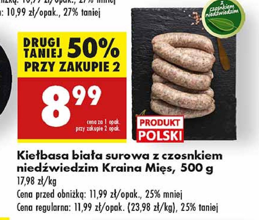 Kiełbasa biała surowa z czosnkiem niedźwiedzim Kraina mięs promocja