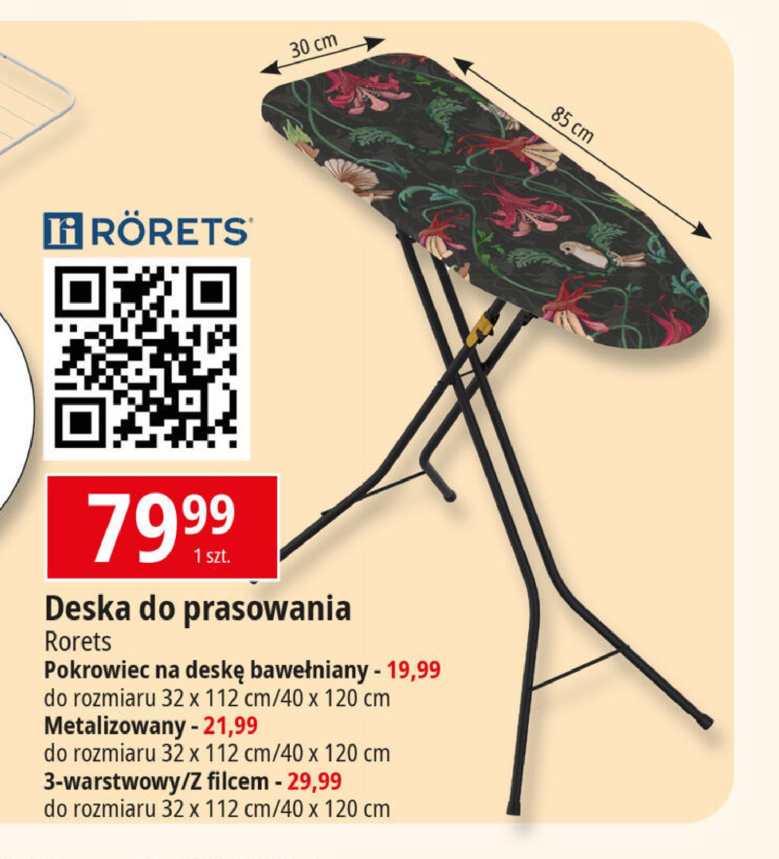 Pokrowiec na deskę do prasowania z filcem 32 x 112 cm Rorets promocja