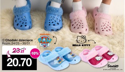 Chodaki dziecięce Paw Patrol lub Hello Kitty promocja w Woolworth