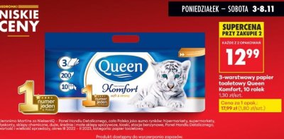 Papier toaletowy Queen Komfort 3-warstwowy 10 rolek promocja w Biedronka