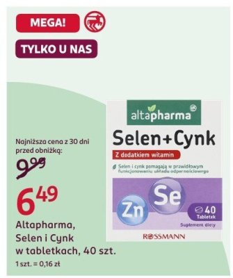 Suplement diety Altapharma Selen i Cynk w tabletkach, 40 szt. promocja w Rossmann