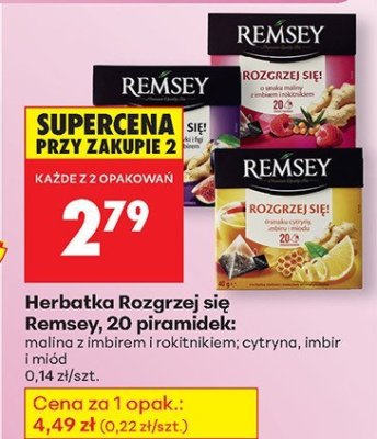 Herbatka Rozgrzej się Remsey 20 piramidek: malina z imbirem i rokitnikiem, cytryna, imbir i miód promocja w Biedronka