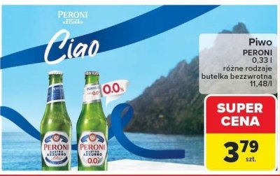 Piwo PERONI NASTRO AZZURRO różne rodzaje butelka bezwrotna 0,33l promocja w Carrefour