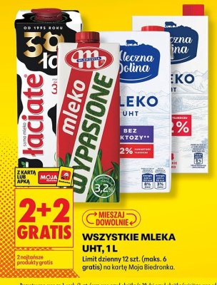 Mleko UHT Łaciate, Mlekovita, Mleko Piasne, SM Mlekpol promocja w Biedronka