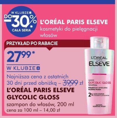 Szampon L'OREAL PARIS ELSEVE GLYCOLIC GLOSS szampony do włosów, 200 ml, cena za 100 ml - 14,00 zł promocja w Super-Pharm