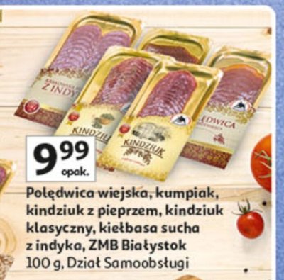 Polędwica wiejska, kumpiak, kindziuk z pieprzem, kindziuk klasyczny, kiełbasa sucha z indyka ZMB Białystok promocja w Auchan