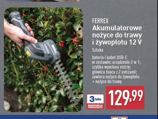 Nożyce do trawy i żywopłotu 12 v Ferrex promocja w Aldi