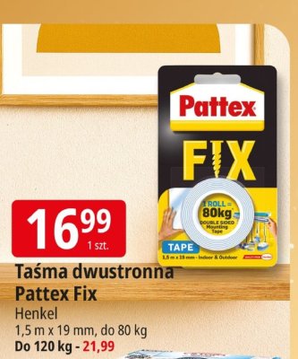 Taśma dwustronna Pattex Fix Henkel 1,5 m x 19 mm, do 80 kg promocja w Leclerc