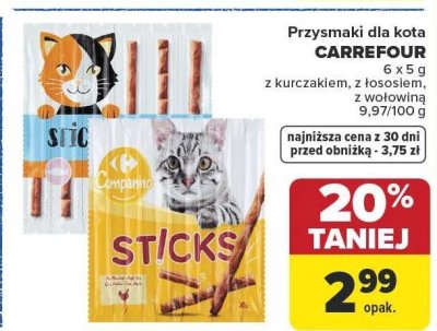 Przysmaki dla kota CARREFOUR z kurczakiem, z łososiem, z wołowiną promocja w Carrefour