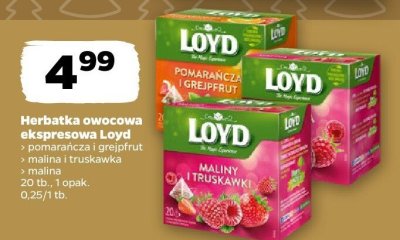Herbatka owocowa ekspresowa Loyd pomarańcza i grejpfrut, malina i truskawka, malina promocja w Netto