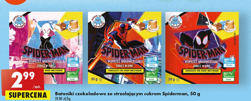 Batoniki czekoladowe ze strzelaj膮cym cukrem spider=man Chocooctopus promocja