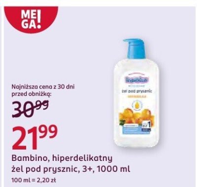 Żel pod prysznic Bambino, hiperdelikatny, 3+, 1000 ml promocja w Rossmann