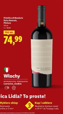 Wino Primitivo di Manduria Dolce Naturale czerwone słodkie 750ml promocja w Lidl