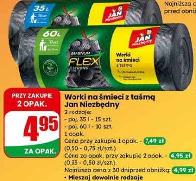 Worki na śmieci z taśmą Jan Niezbędny Magnum Flex Strong 35l 15szt promocja w Dino