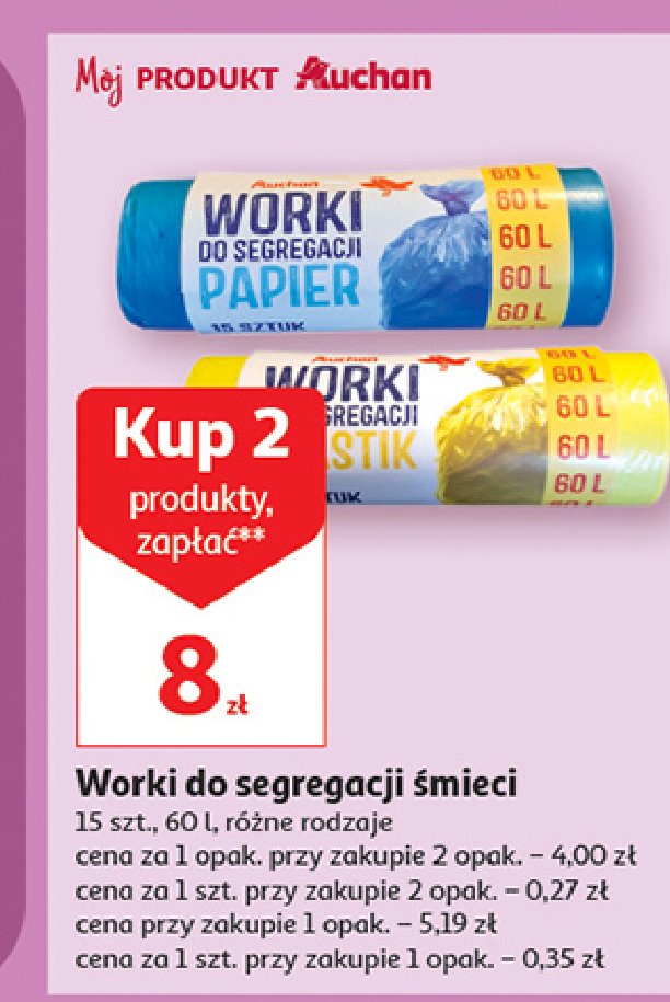 Worki do segregacji odpadów papier 60 l Auchan różnorodne (logo czerwone) promocja