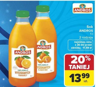 Sok ANDROS 100% wyciskanych pomarańczowych 1 l, 2 rodzaje promocja w Carrefour Market