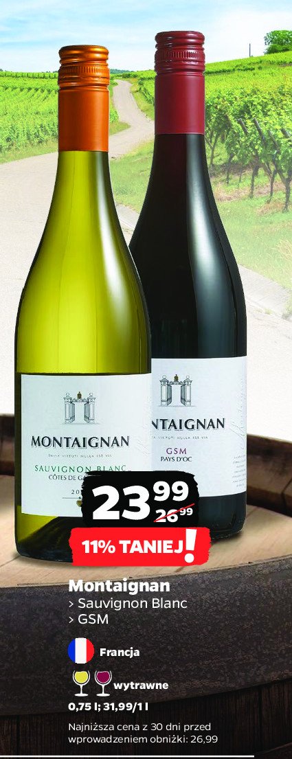 Wino wytrawne Montaignan sauvignon blanc promocja w Netto