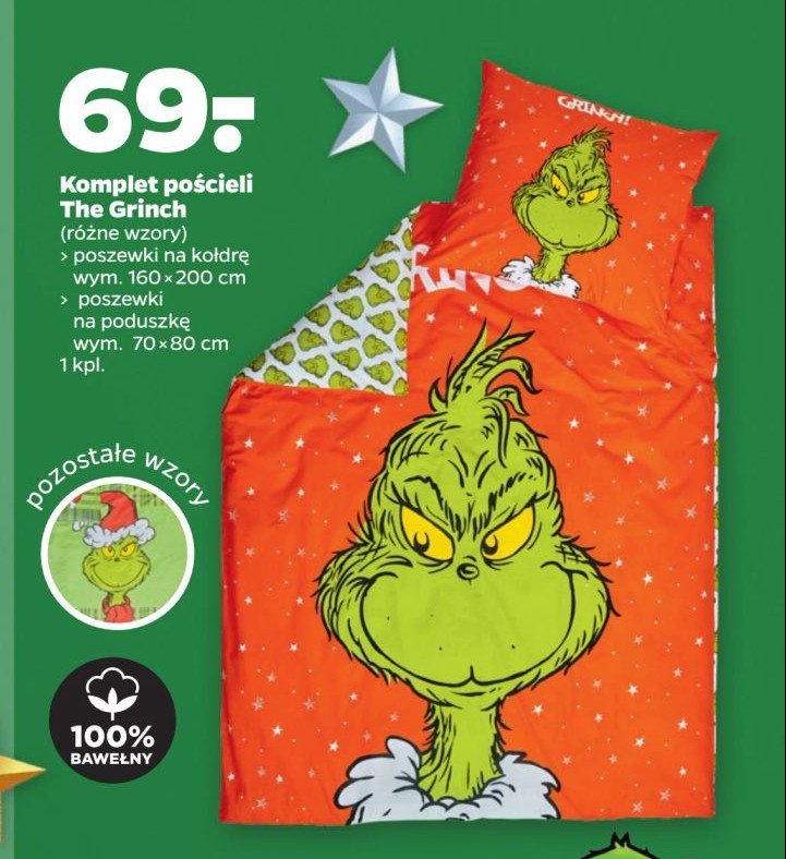 Komplet pościeli 160 x 200 cm + 70 x 80 cm the grinch promocja w Netto