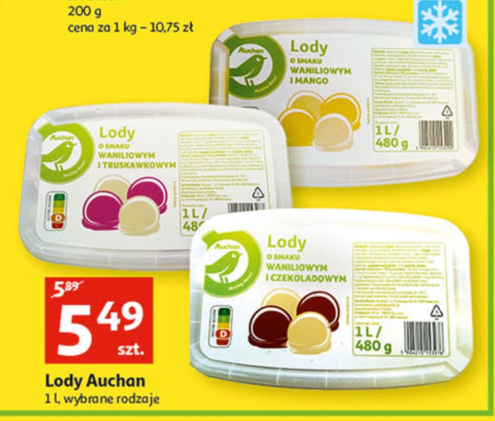 Lody o smaku waniliowym i czekoladowym Auchan na co dzień (logo zielone) promocja