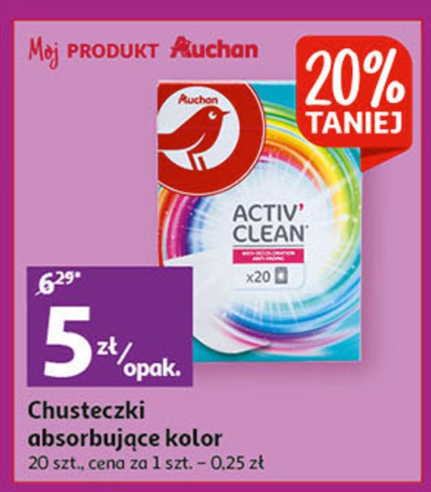 Chusteczki absorbujące kolor w praniu activ' clean Auchan różnorodne (logo czerwone) promocja