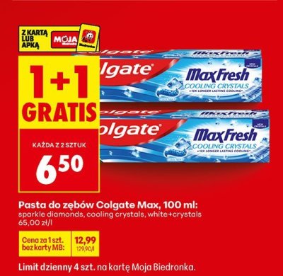 Pasta do zębów Colgate Max sparkle diamonds, cooling crystals, white+crystals promocja w Biedronka