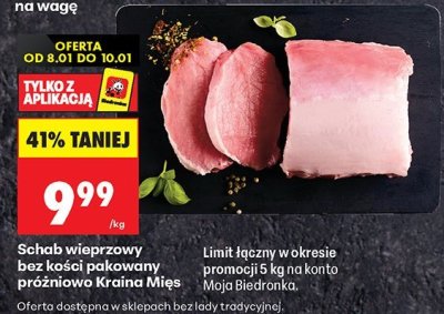 Schab wieprzowy bez kości pakowany próżniowo Kraina Mięs promocja w Biedronka